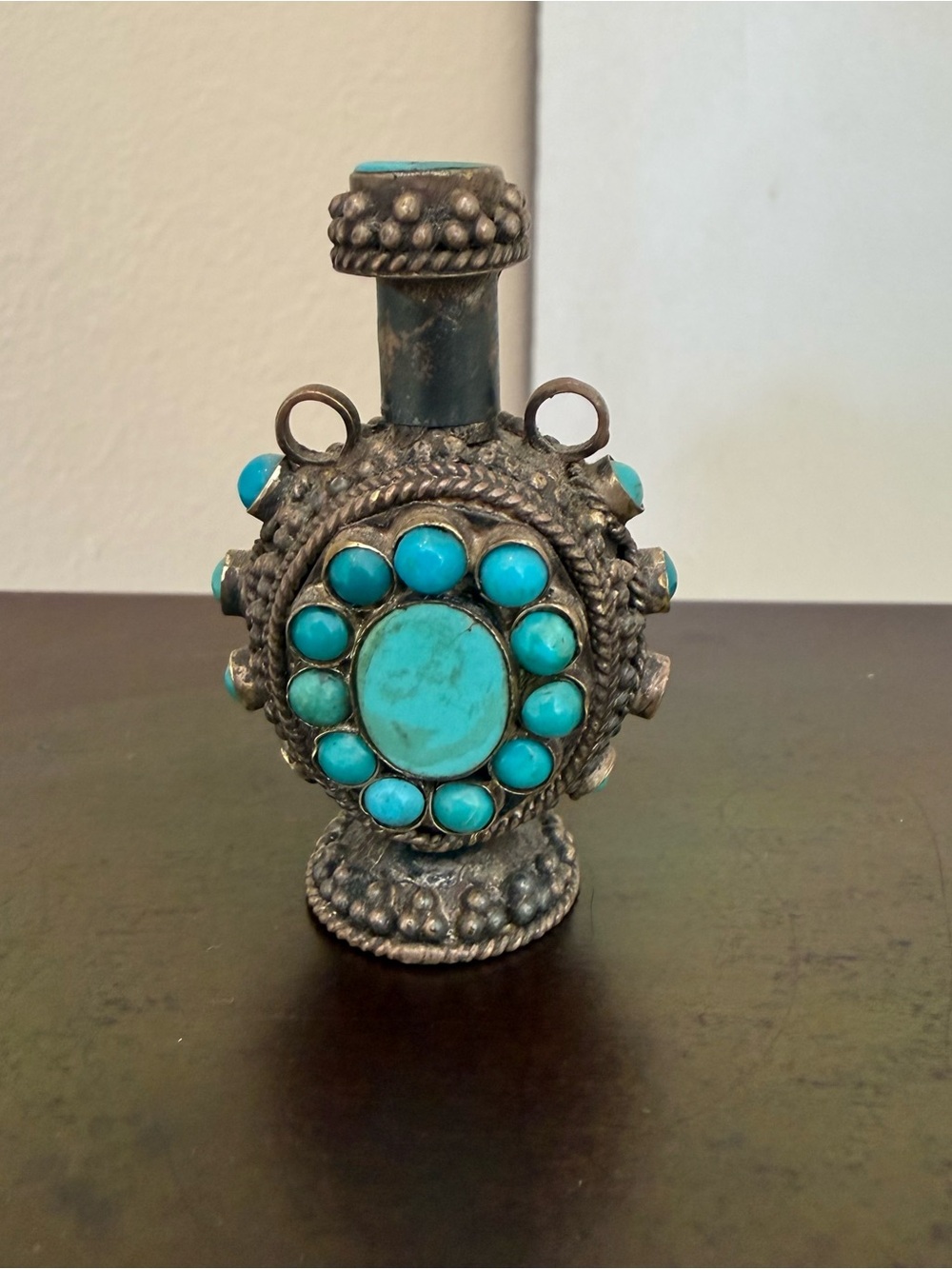 Tibetan Style Snuff Bottle Silver Tone Turquoise Color Stones Spoon Stopper